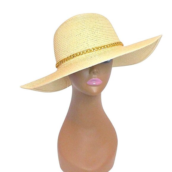 WOMEN\'S TAN OVERSIZED FLOPPY STRAW HAT W/ GOLD LINK CHAIN BAND
